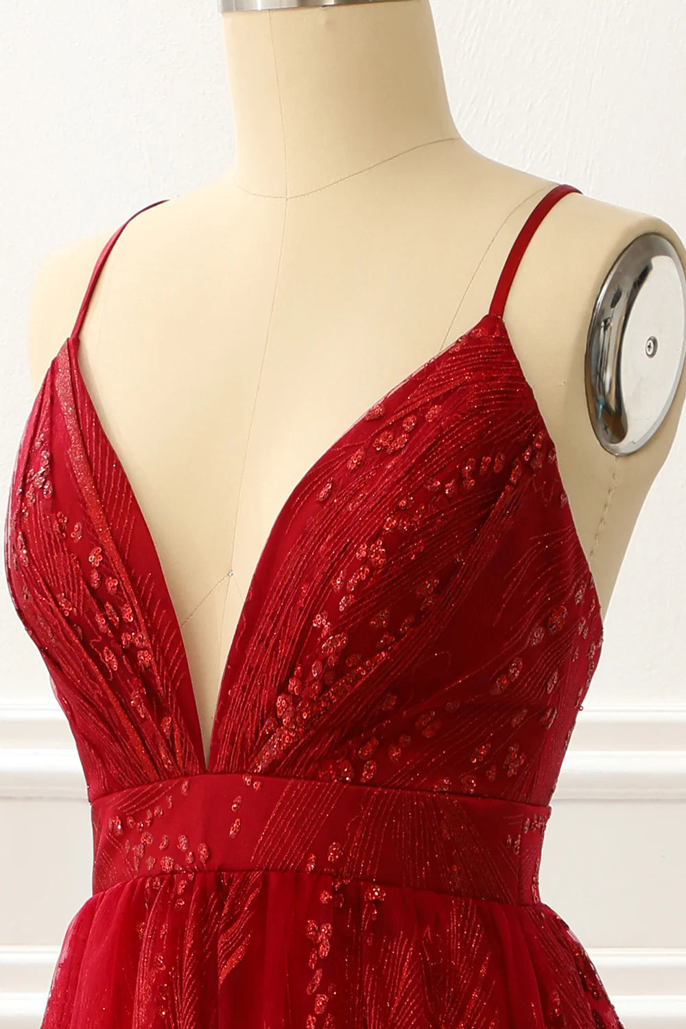 Burgundy Spaghetti Straps A Line Princess Prom Dress