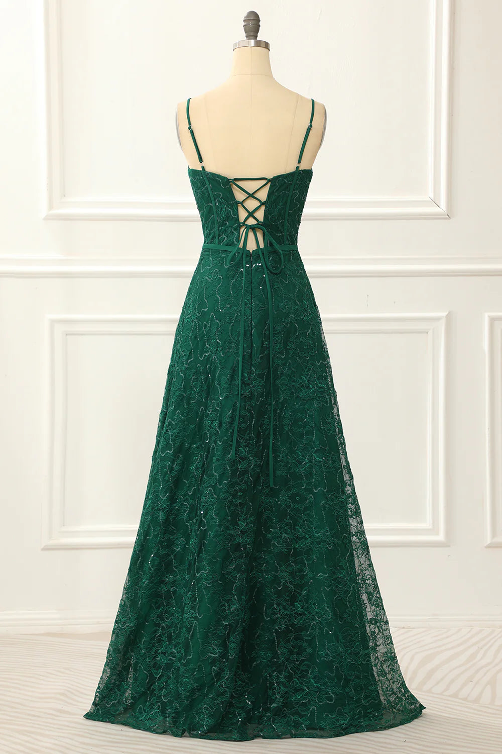 Spaghetti Straps Dark Green A Line Lace Prom Dress