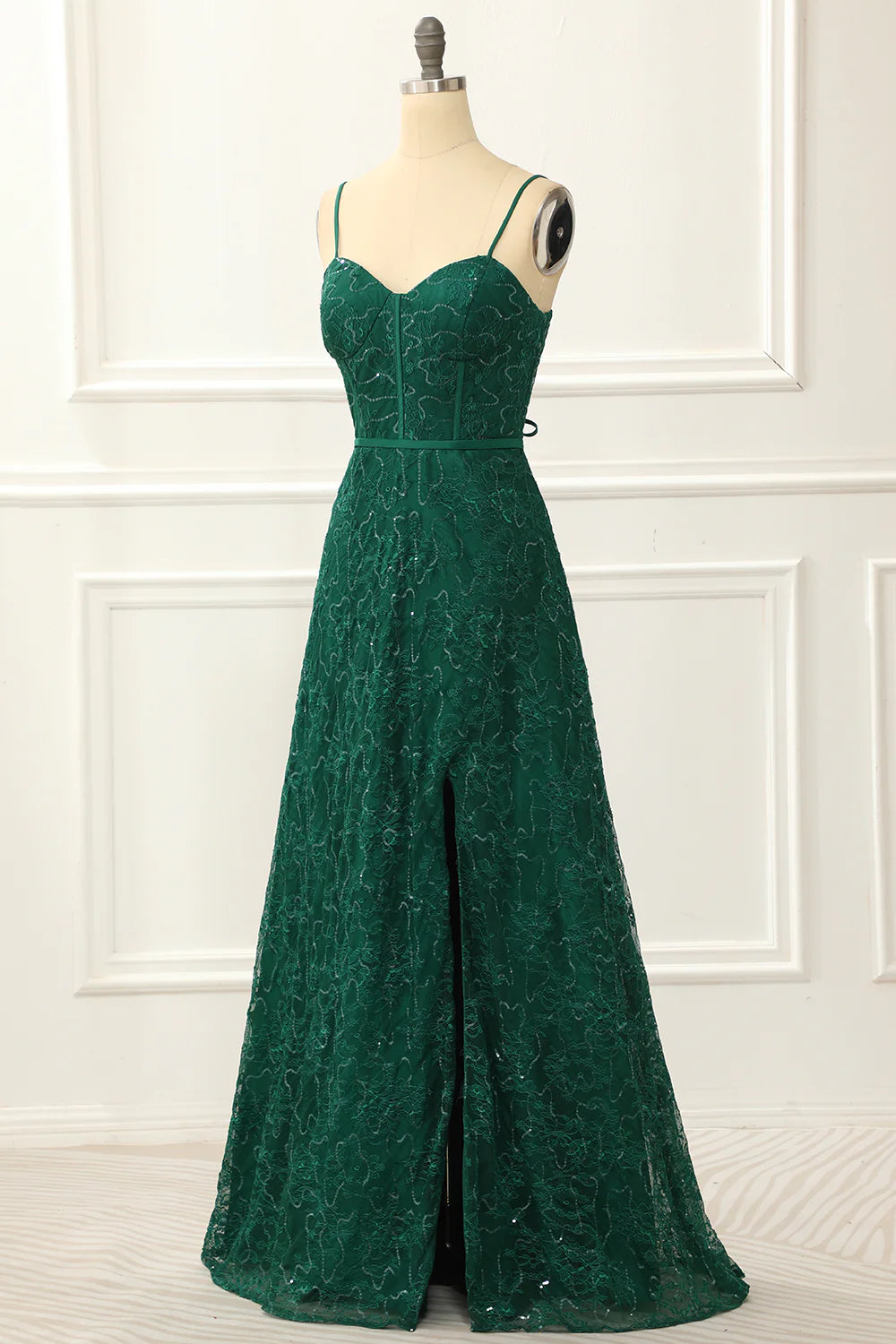 Spaghetti Straps Dark Green A Line Lace Prom Dress