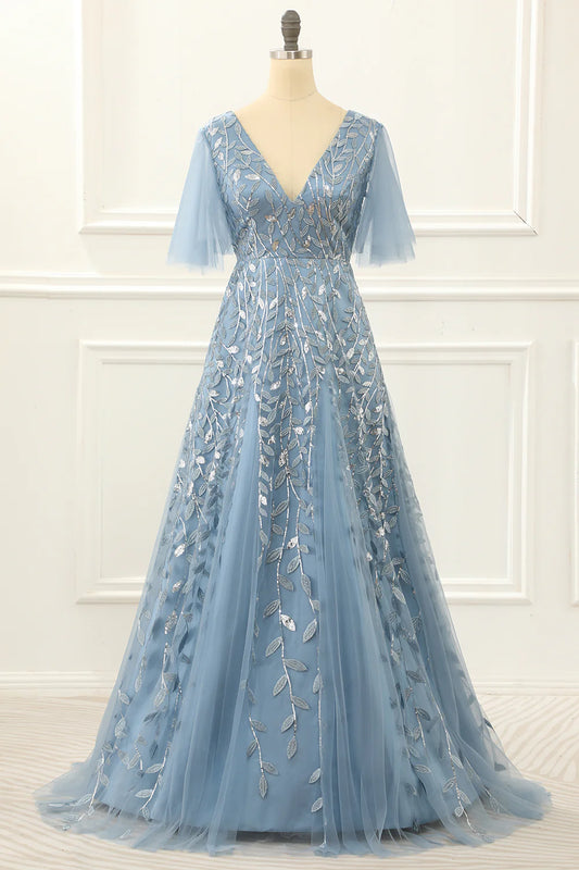A Line Tulle Blue Prom Dress With Lace Appliques