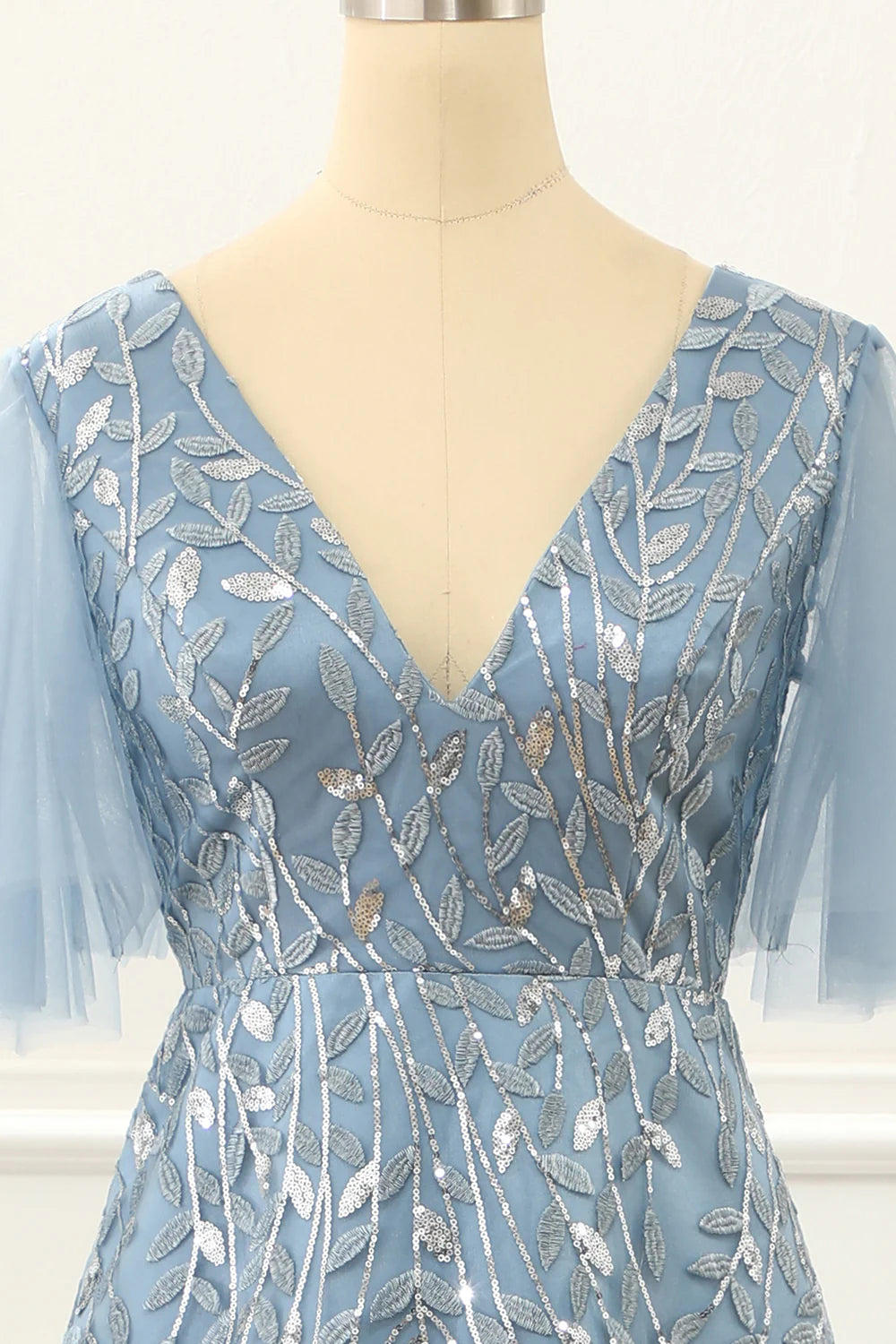 A Line Tulle Blue Prom Dress With Lace Appliques