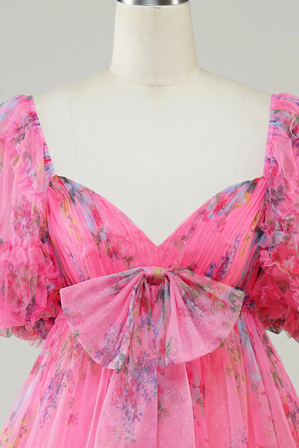 Floral Printed A-Line Tulle Homecoming Dress With Puff Sleeves