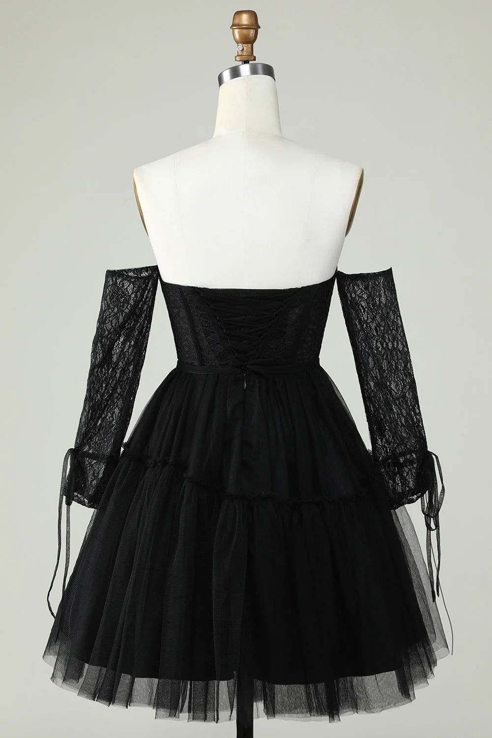 A Line Black Off The ShoulderCorset Homecoming Dress With Lace Long Sleeves