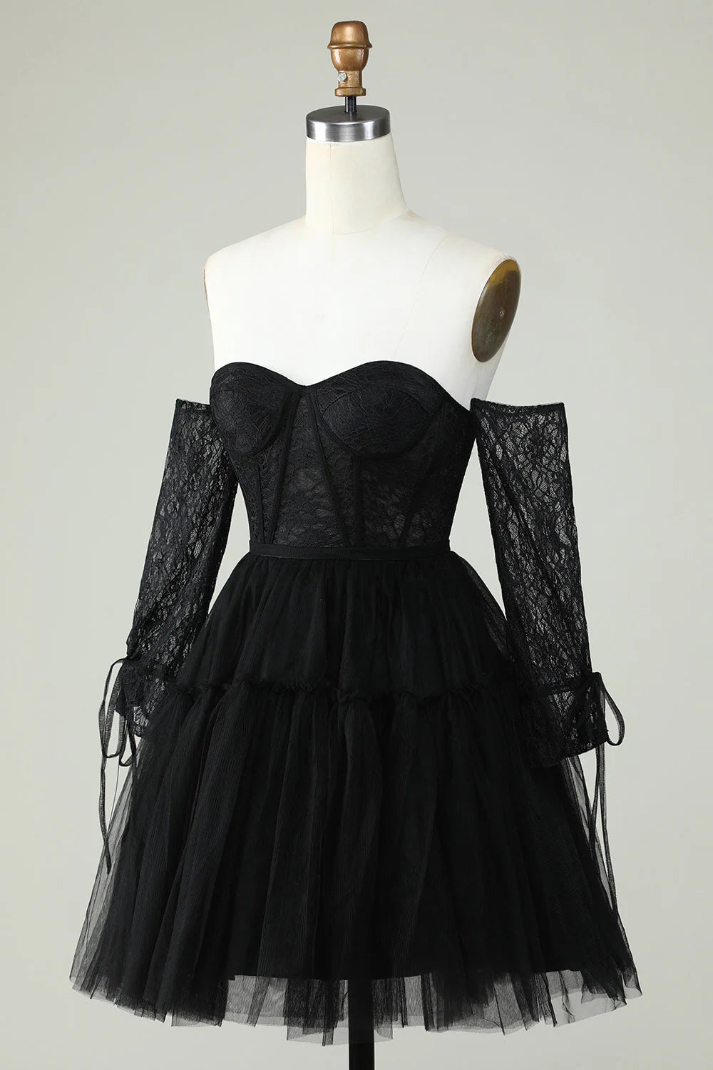 A Line Black Off The ShoulderCorset Homecoming Dress With Lace Long Sleeves