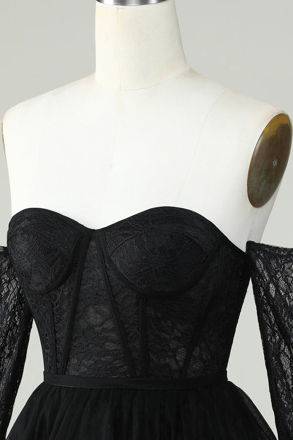 A Line Black Off The ShoulderCorset Homecoming Dress With Lace Long Sleeves