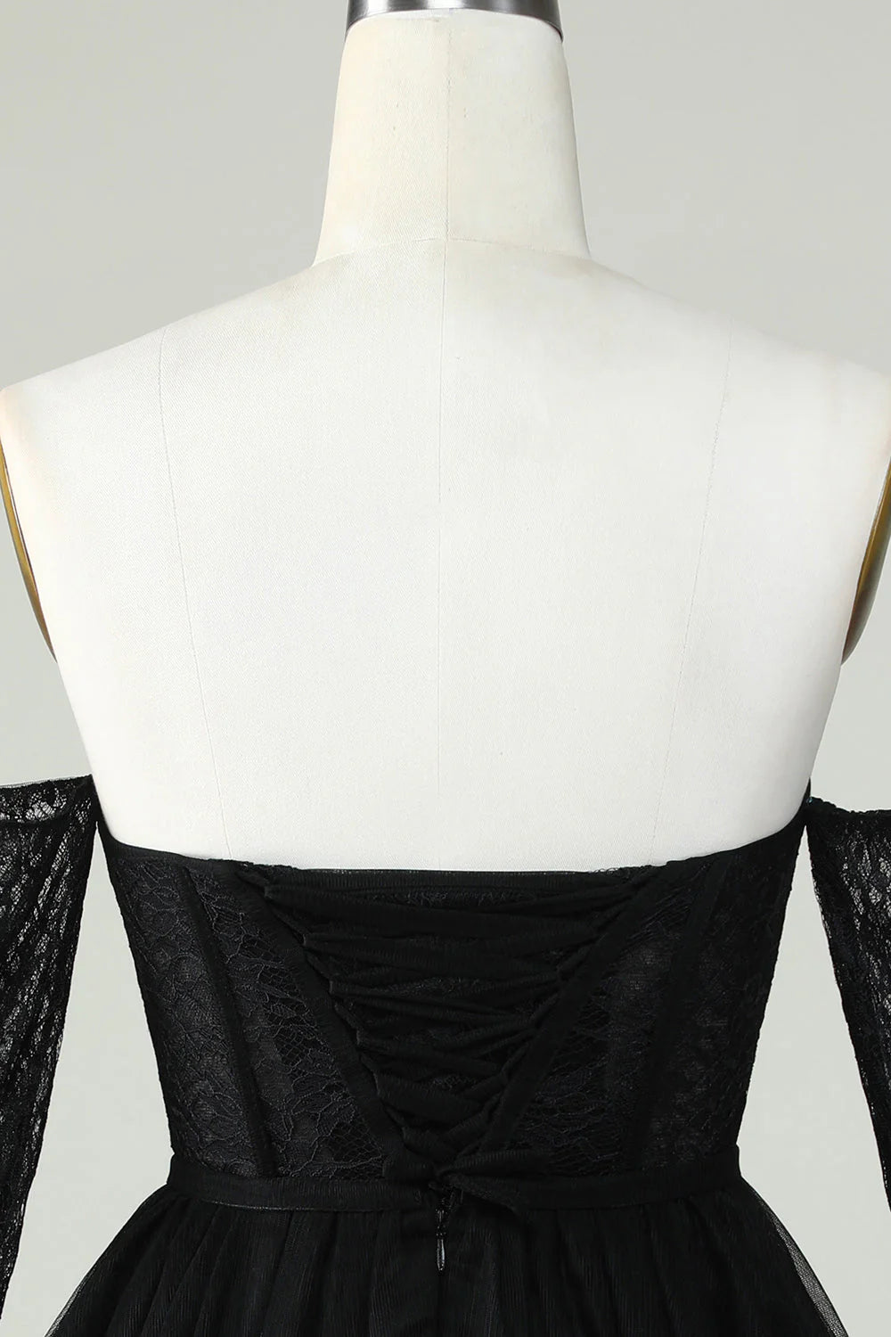 A Line Black Off The ShoulderCorset Homecoming Dress With Lace Long Sleeves