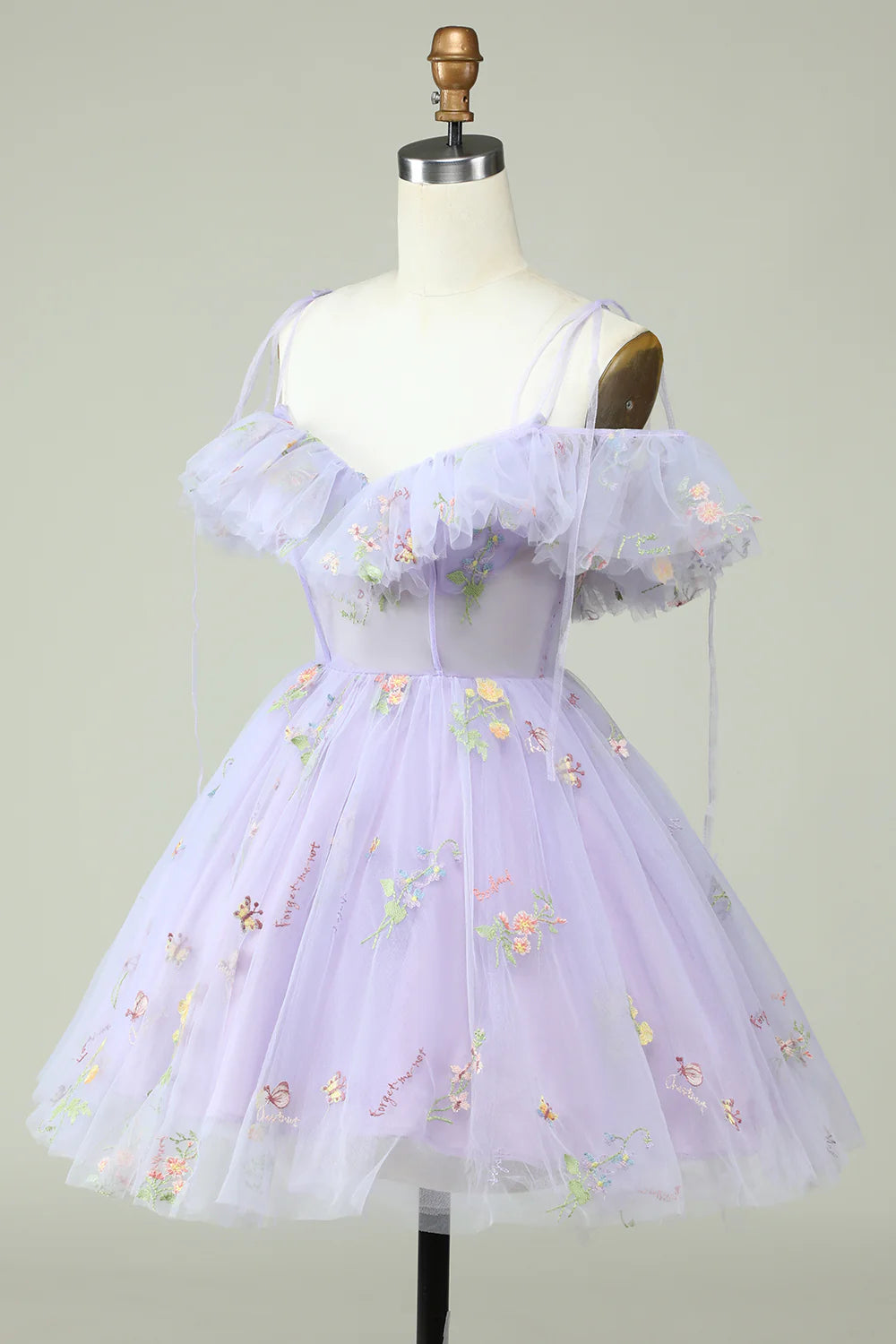 Lavender Off The Shoulder Embroidery Homecoming Dress With Ruffles