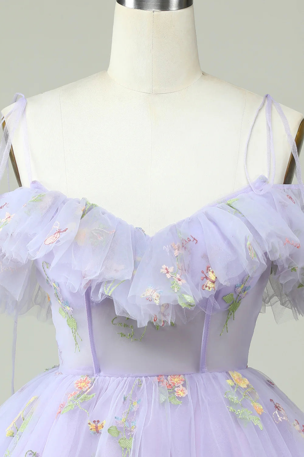 Lavender Off The Shoulder Embroidery Homecoming Dress With Ruffles