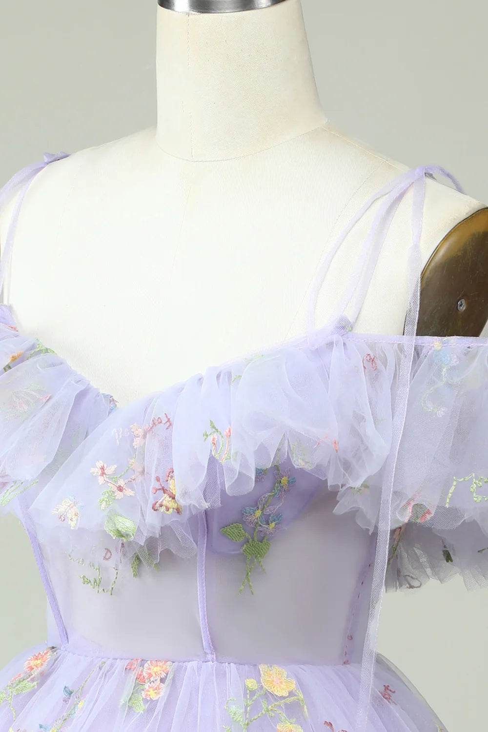 Lavender Off The Shoulder Embroidery Homecoming Dress With Ruffles