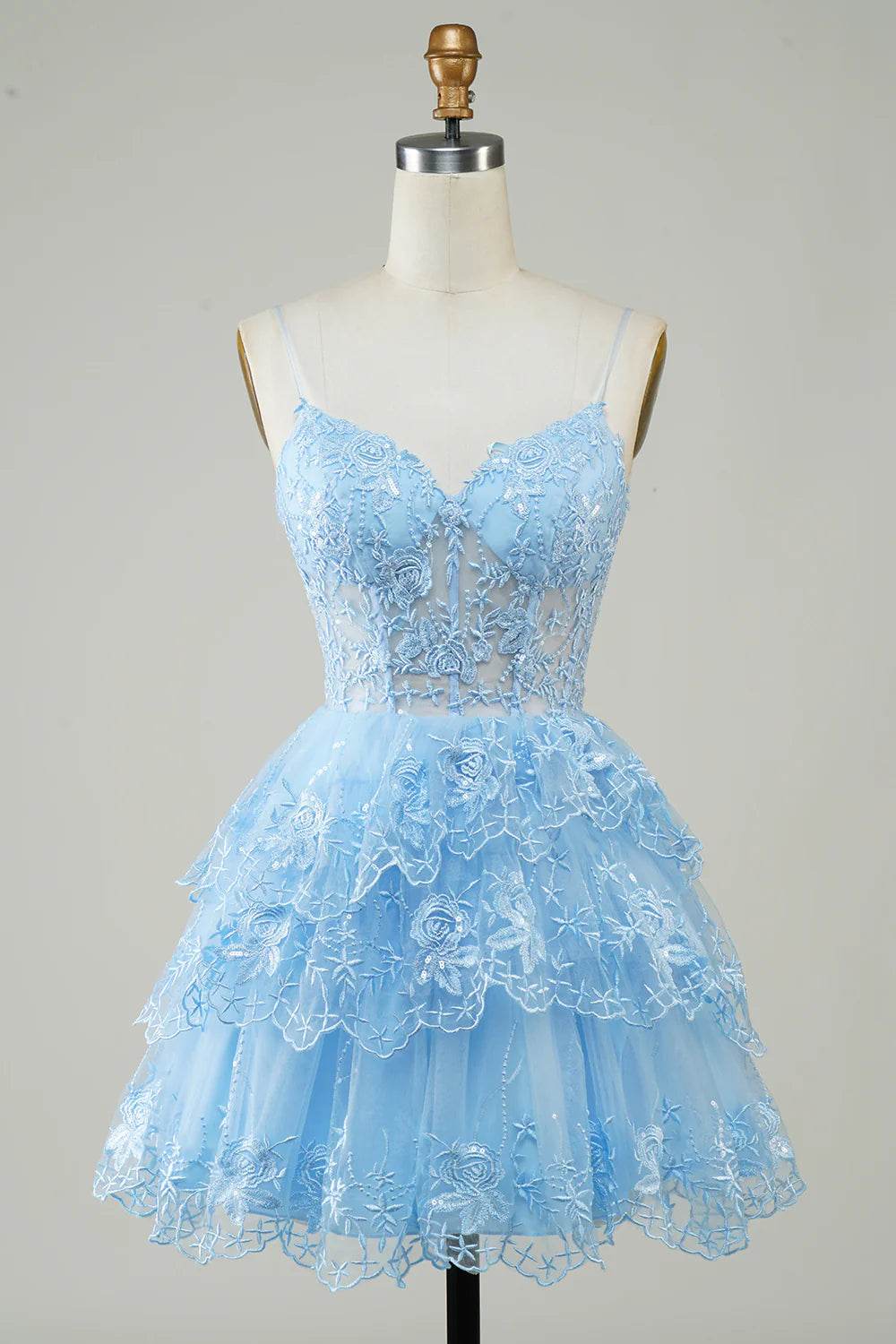 Sparkly Spaghetti Straps Sequins Tiered Homecoming Dress