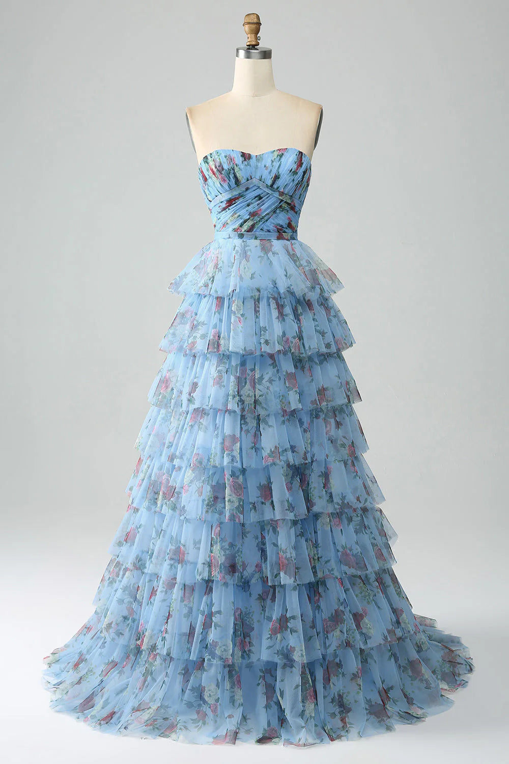 Floral Printed Tiered Off The Shoulder Prom Dress With Pleated