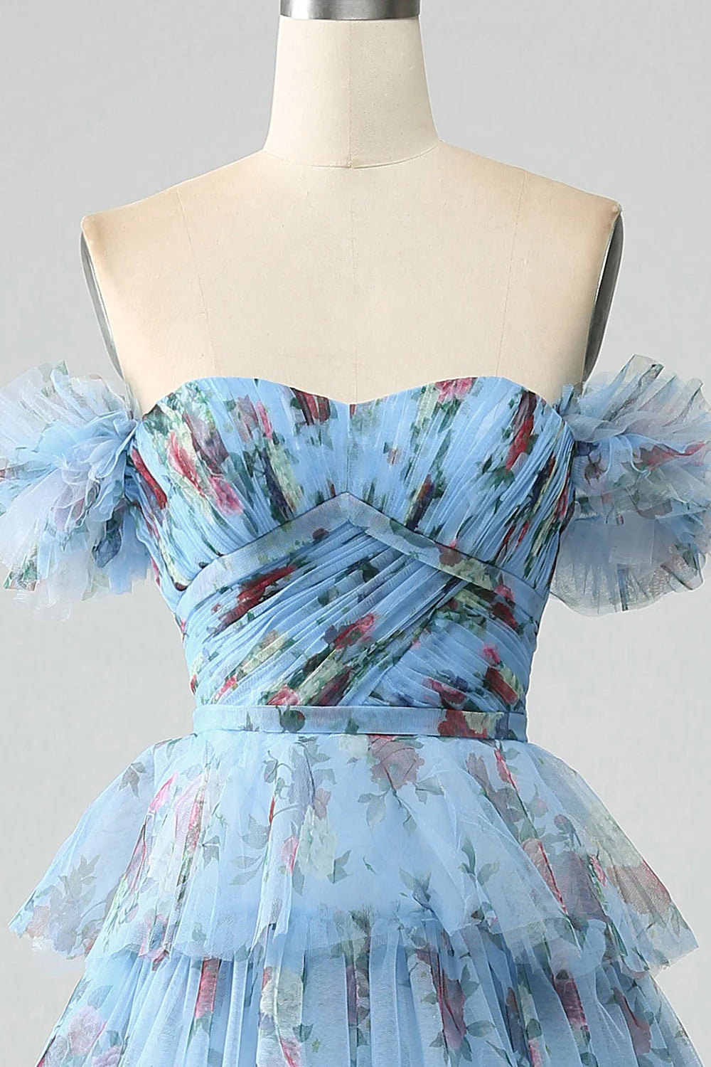 Floral Printed Tiered Off The Shoulder Prom Dress With Pleated