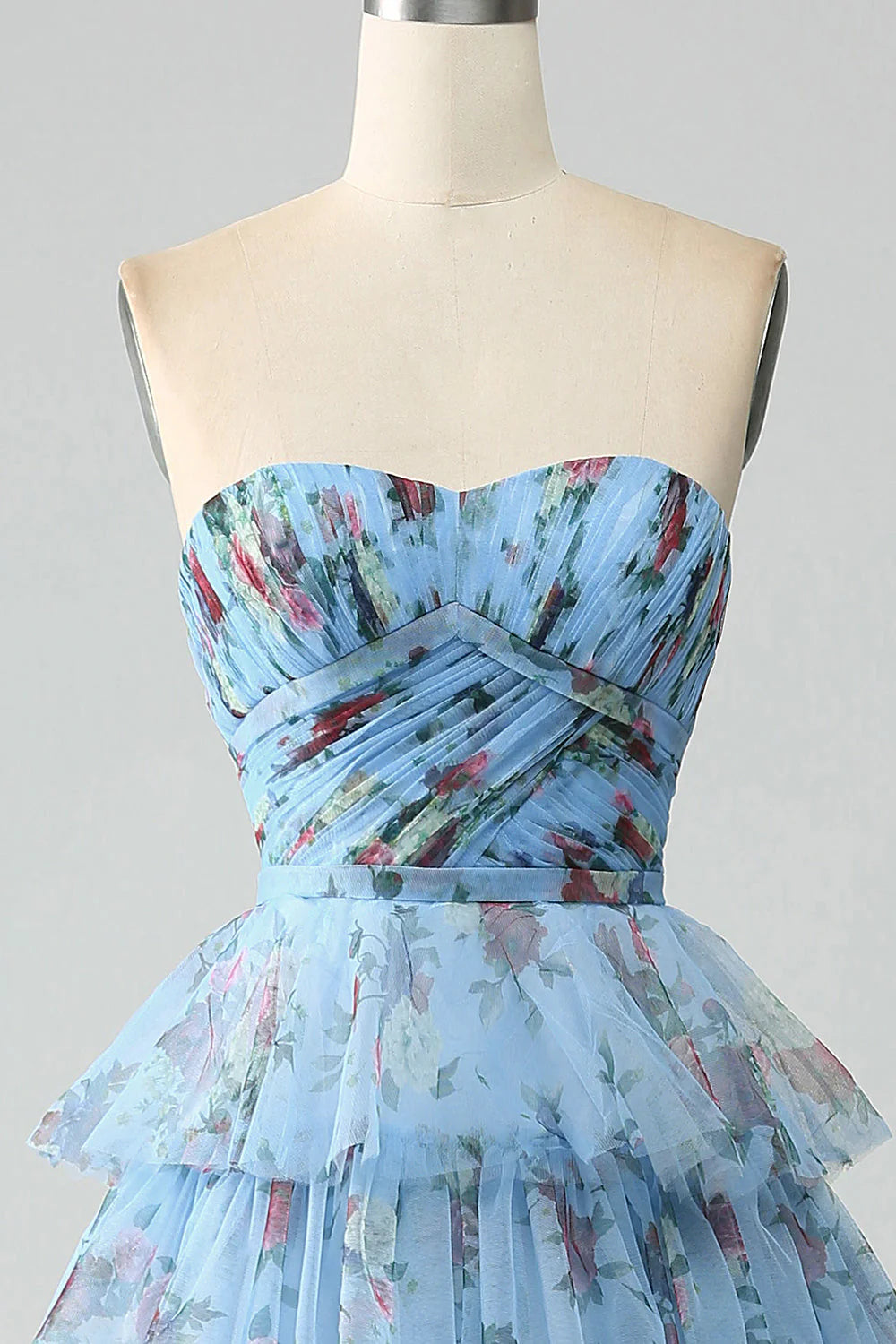 Floral Printed Tiered Off The Shoulder Prom Dress With Pleated
