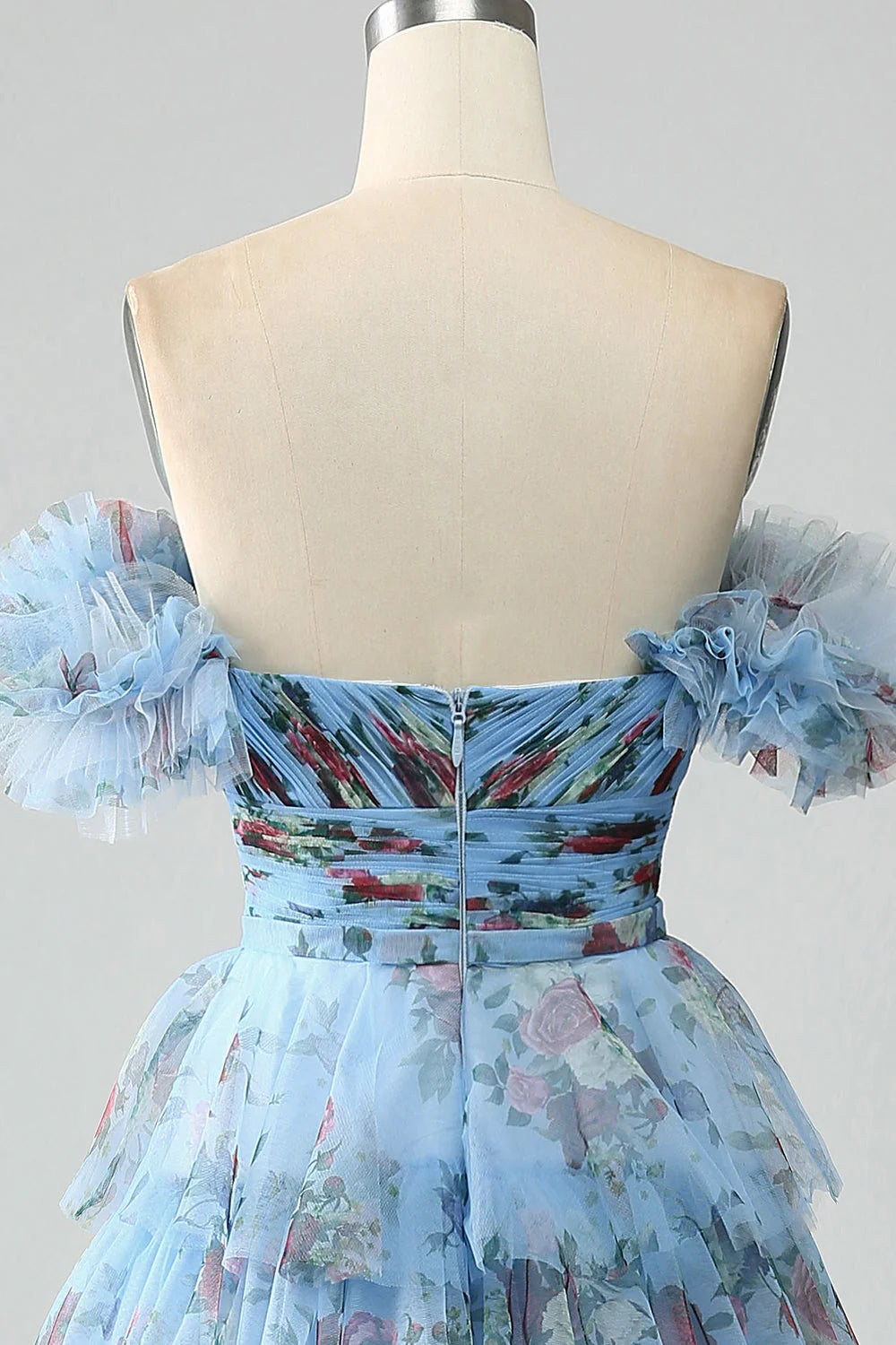 Floral Printed Tiered Off The Shoulder Prom Dress With Pleated