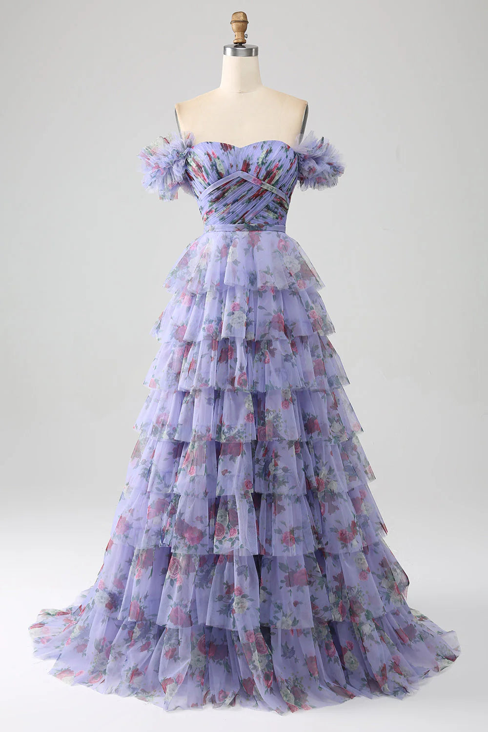 Floral Printed Tiered Off The Shoulder Prom Dress With Pleated