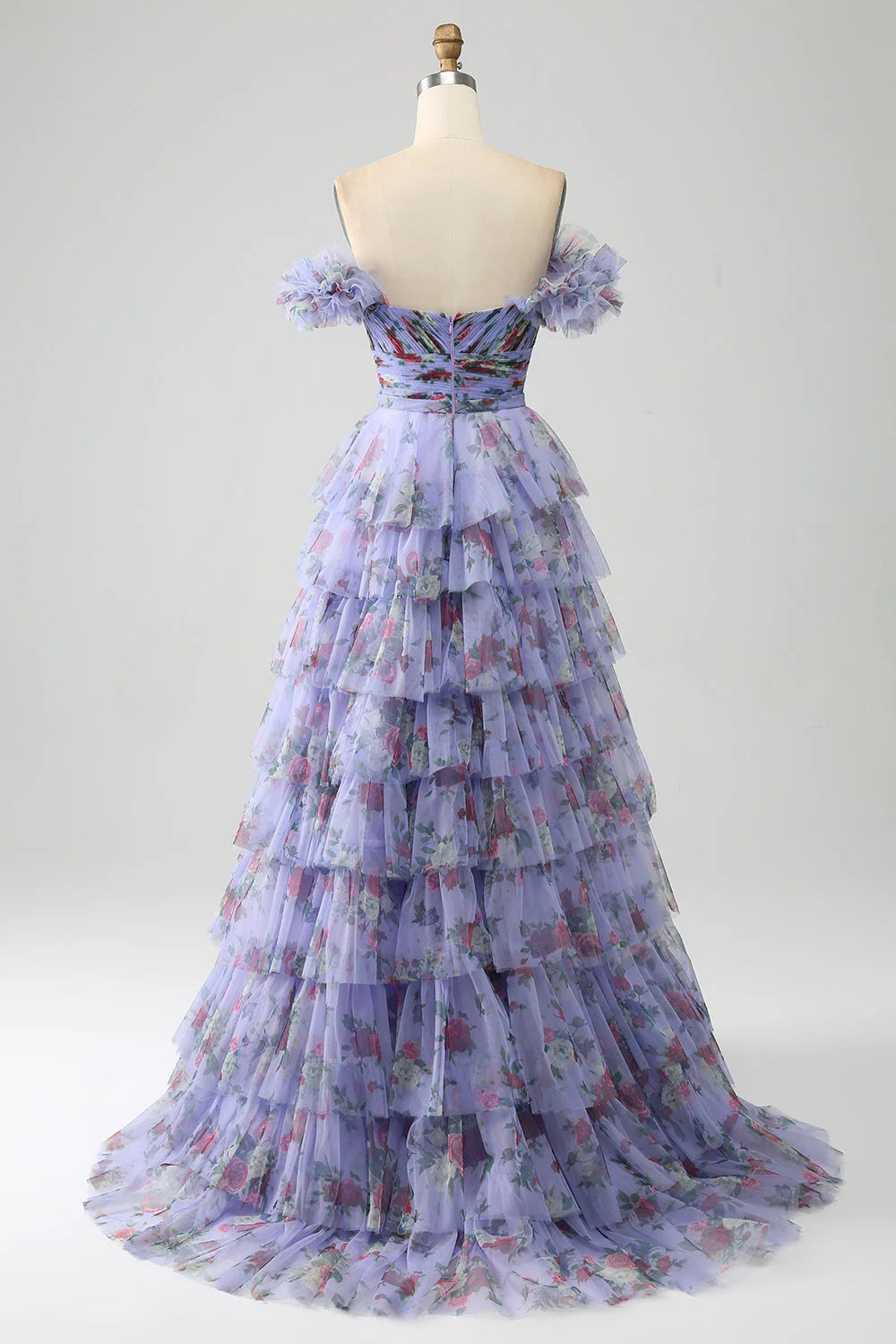 Floral Printed Tiered Off The Shoulder Prom Dress With Pleated