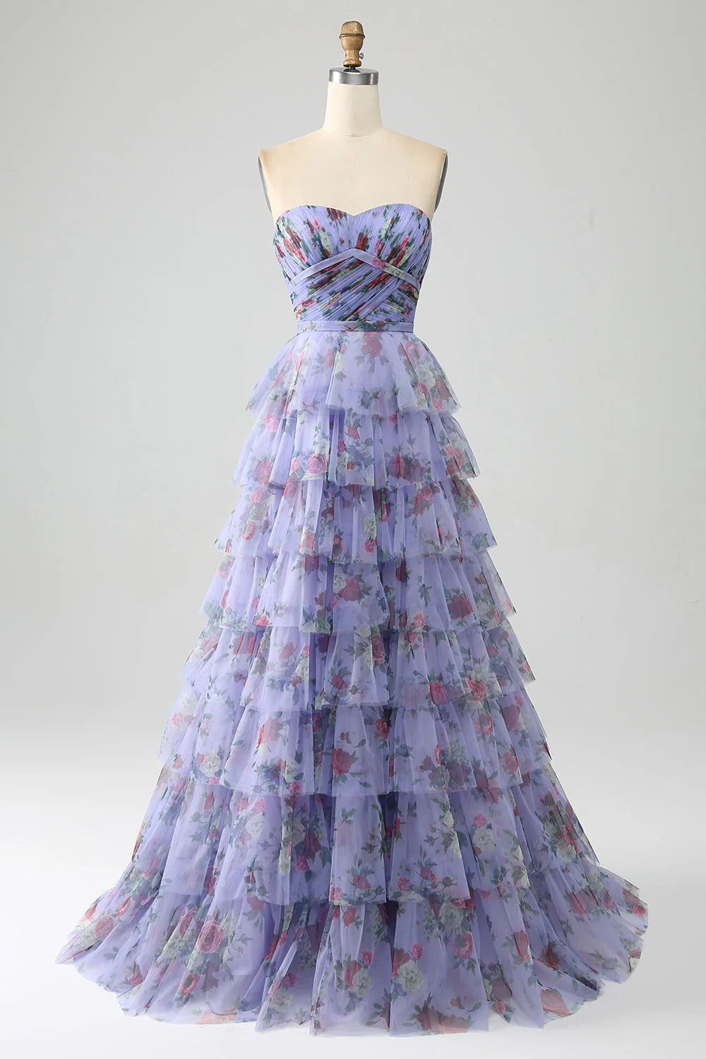 Floral Printed Tiered Off The Shoulder Prom Dress With Pleated