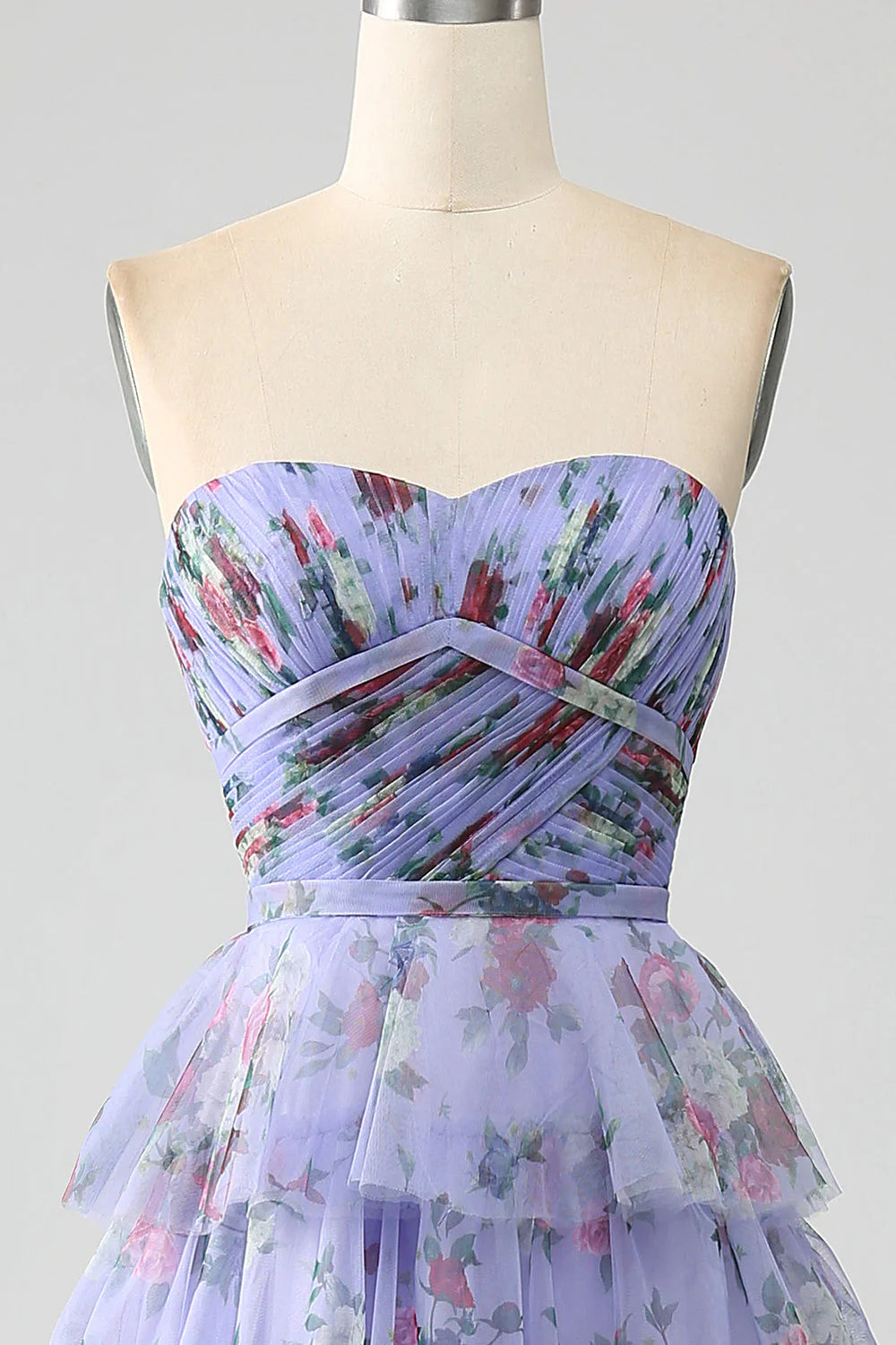 Floral Printed Tiered Off The Shoulder Prom Dress With Pleated
