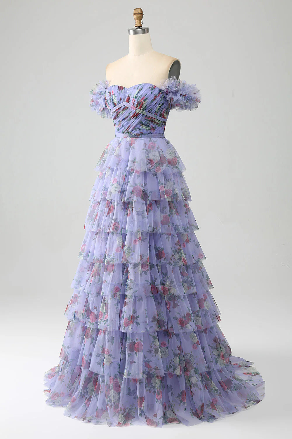Floral Printed Tiered Off The Shoulder Prom Dress With Pleated