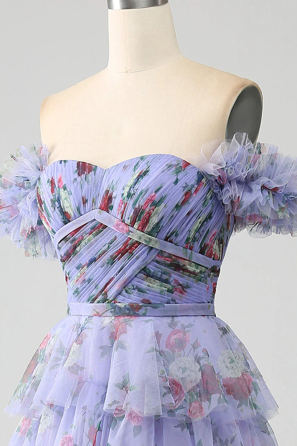 Floral Printed Tiered Off The Shoulder Prom Dress With Pleated