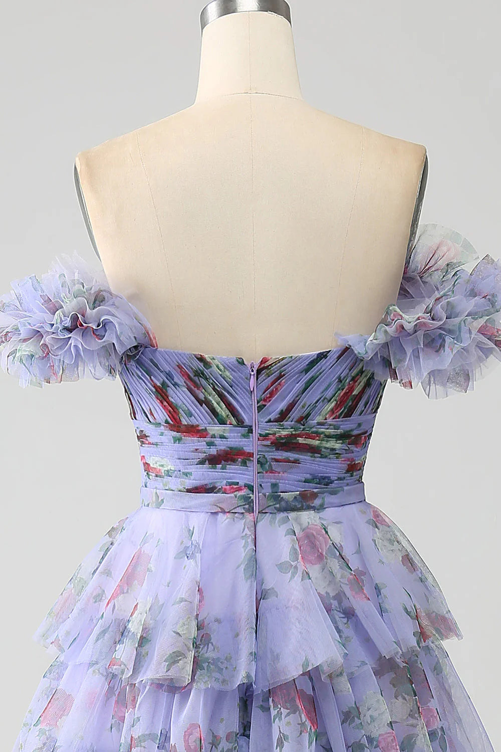 Floral Printed Tiered Off The Shoulder Prom Dress With Pleated