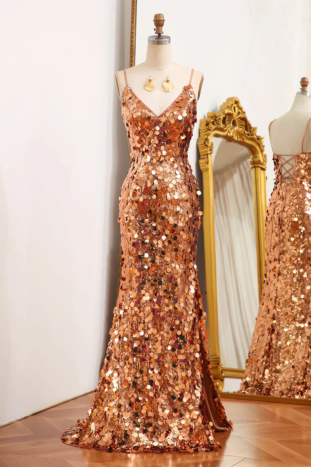 Mermaid Spaghetti Straps Sparkly Sequin Golden Prom Dress With Slit