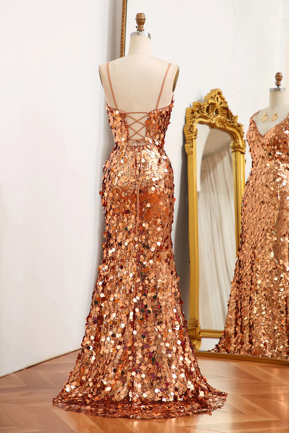 Mermaid Spaghetti Straps Sparkly Sequin Golden Prom Dress With Slit