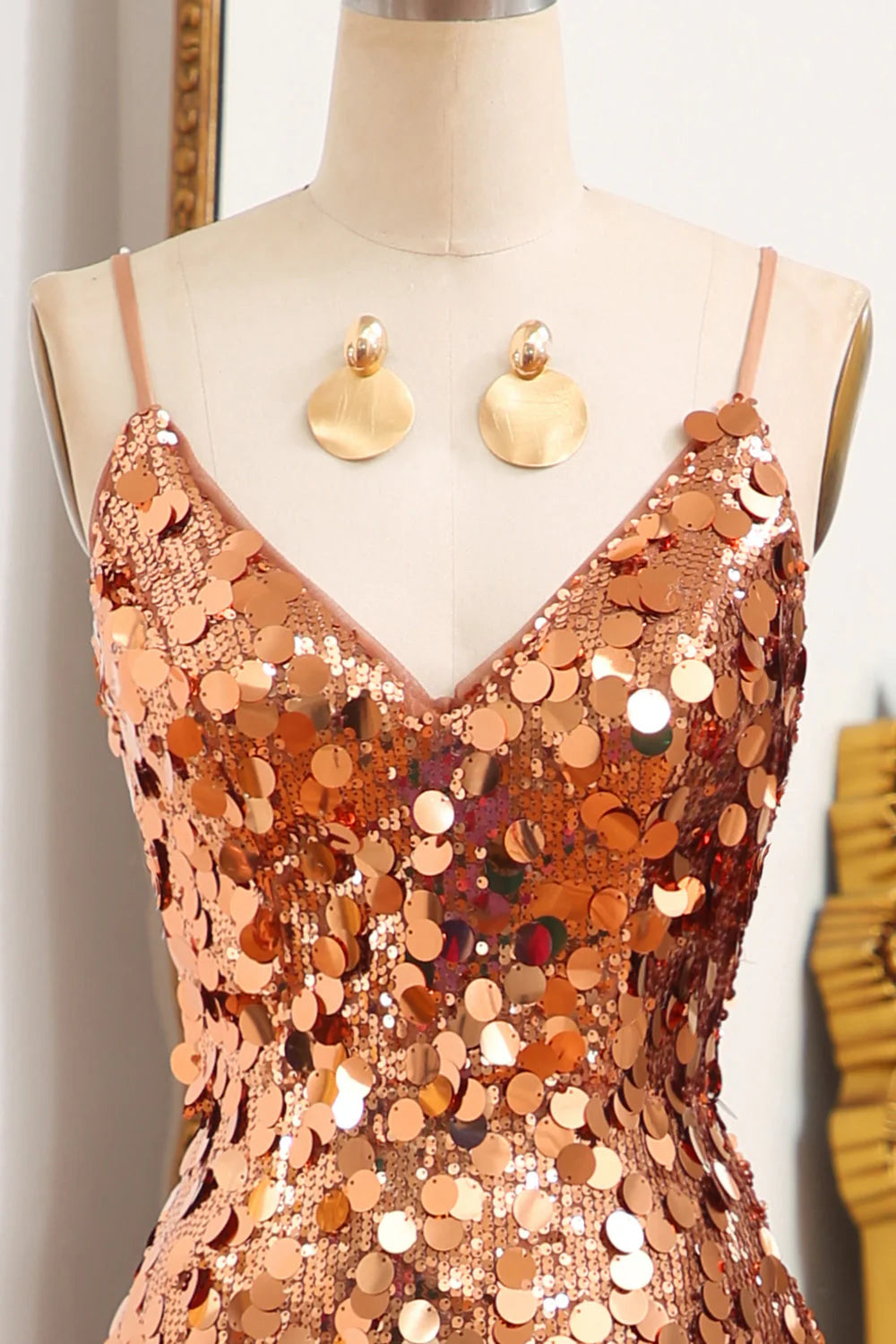 Mermaid Spaghetti Straps Sparkly Sequin Golden Prom Dress With Slit