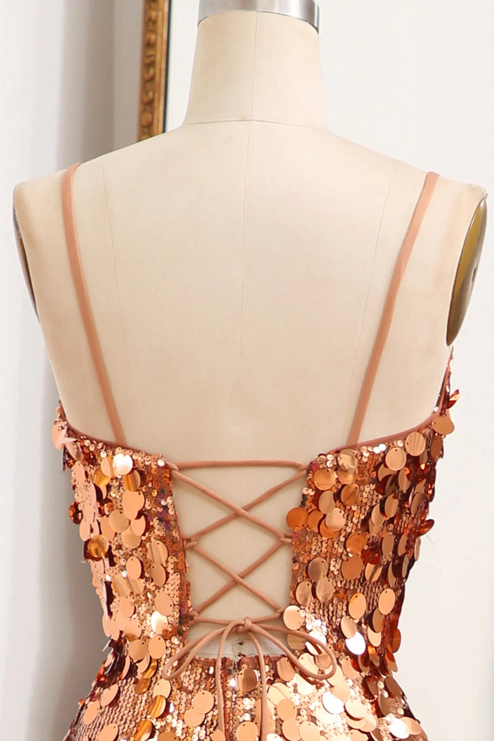 Mermaid Spaghetti Straps Sparkly Sequin Golden Prom Dress With Slit