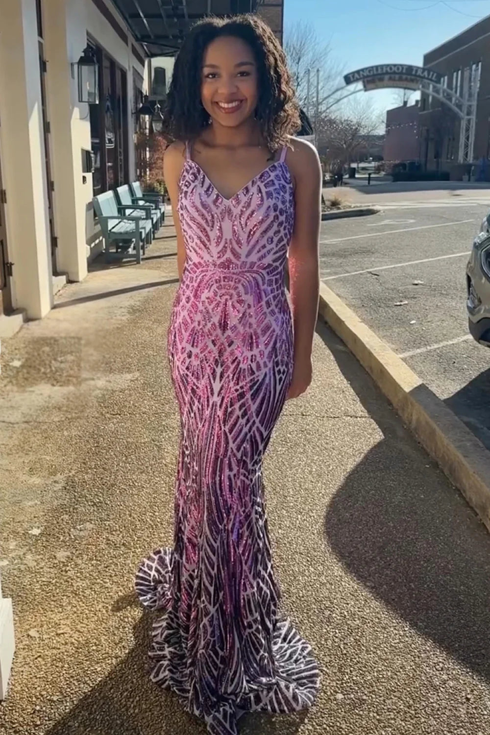 Mermaid Spaghetti Straps Sparkly Sequin Purple Long Prom Dress