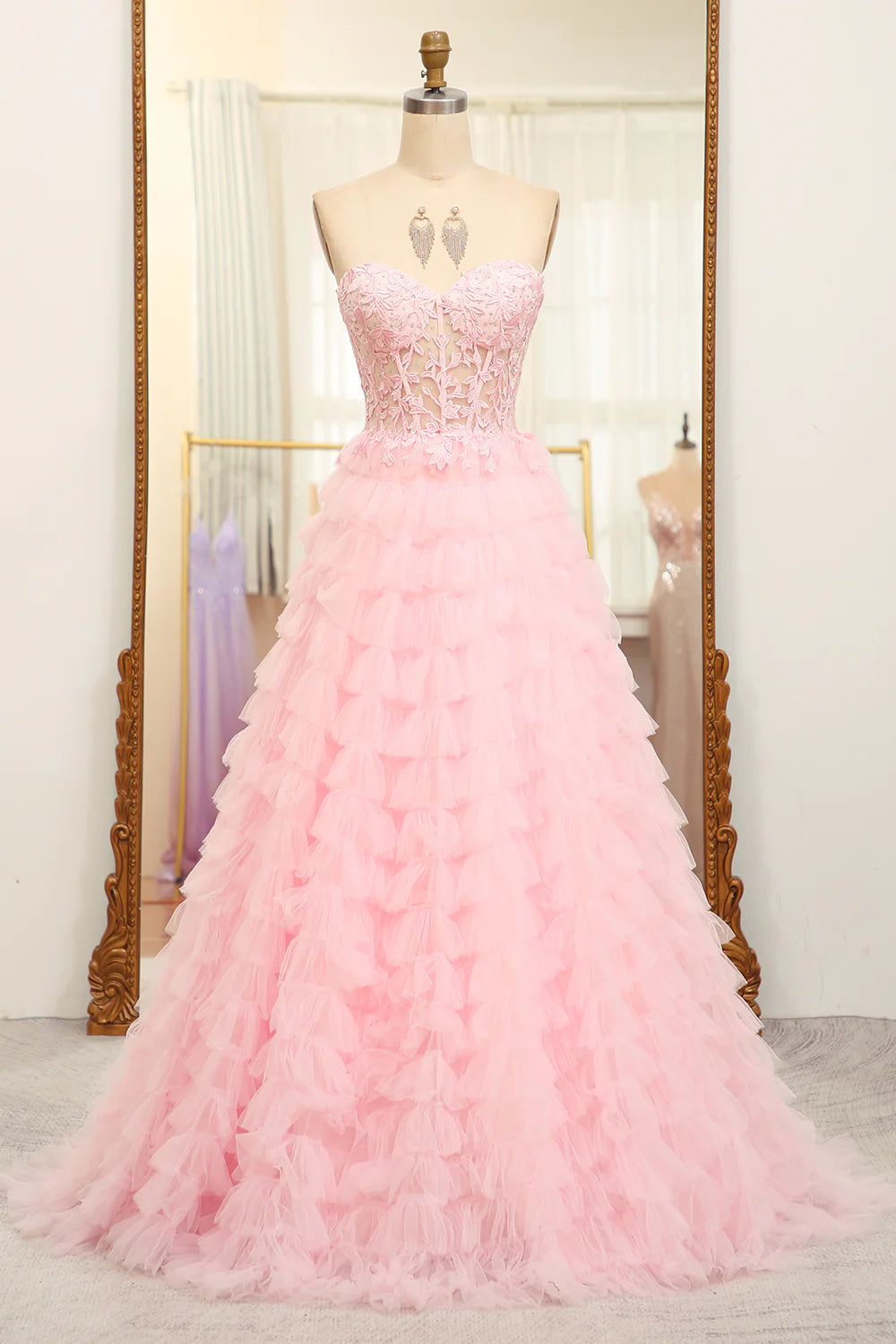 A-Line Pink Strapless Tiered Long Corset Prom Dress