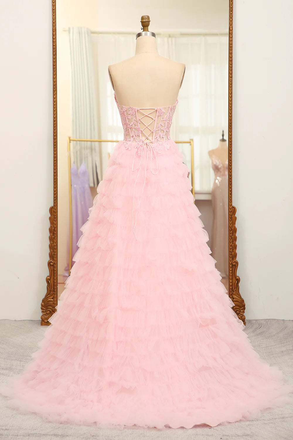 A-Line Pink Strapless Tiered Long Corset Prom Dress