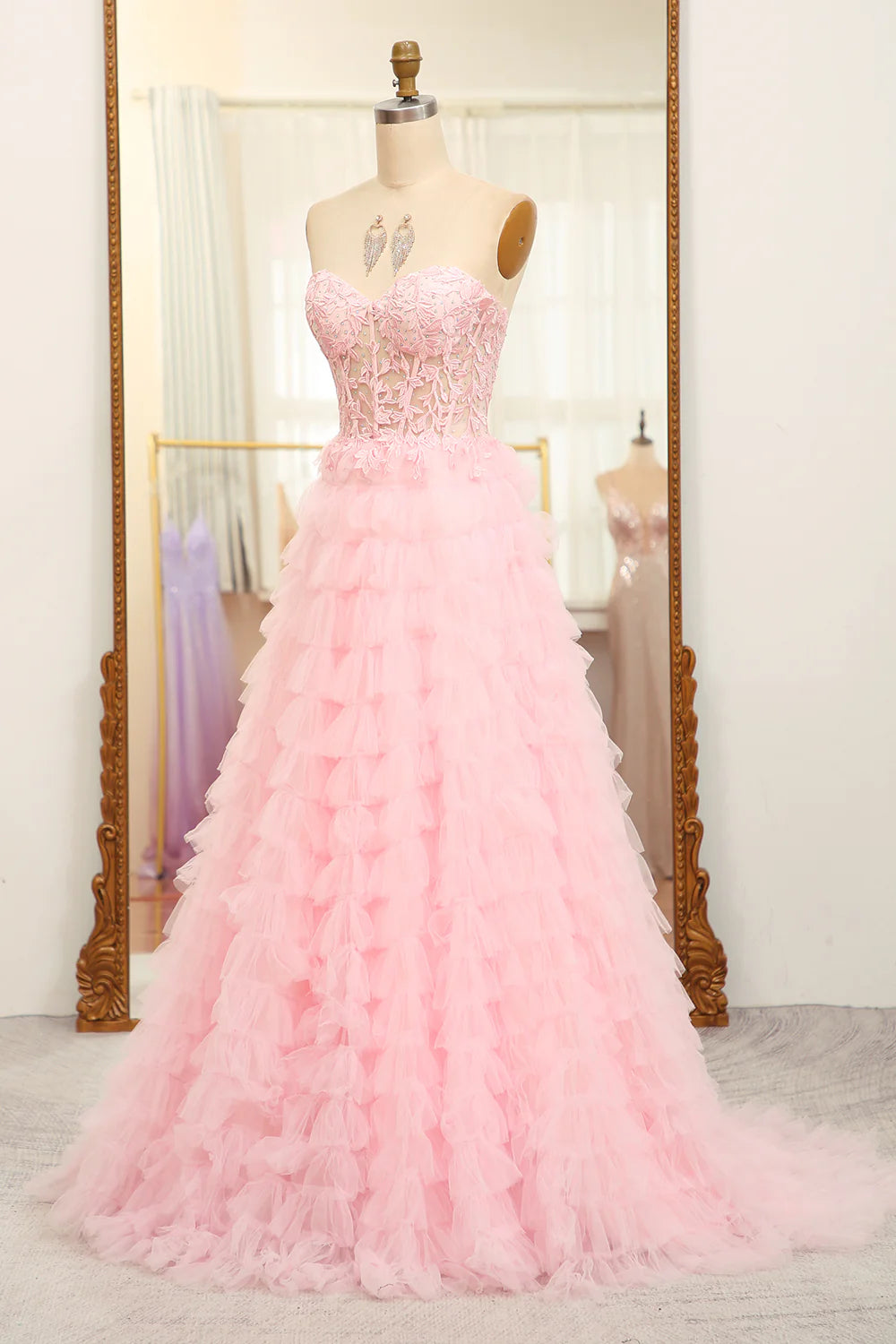 A-Line Pink Strapless Tiered Long Corset Prom Dress