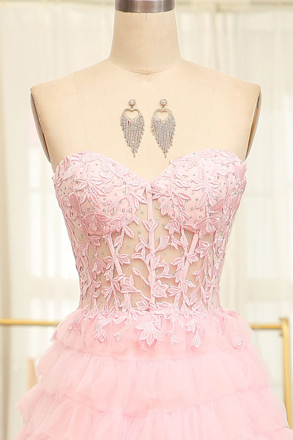 A-Line Pink Strapless Tiered Long Corset Prom Dress