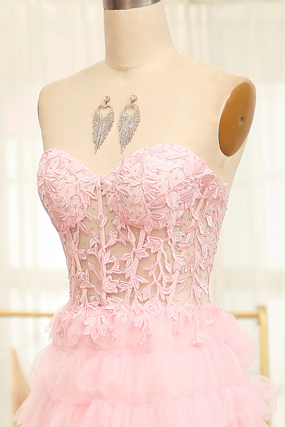 A-Line Pink Strapless Tiered Long Corset Prom Dress