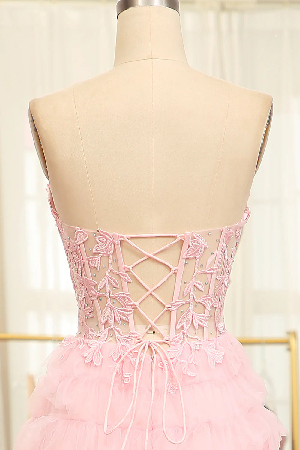 A-Line Pink Strapless Tiered Long Corset Prom Dress