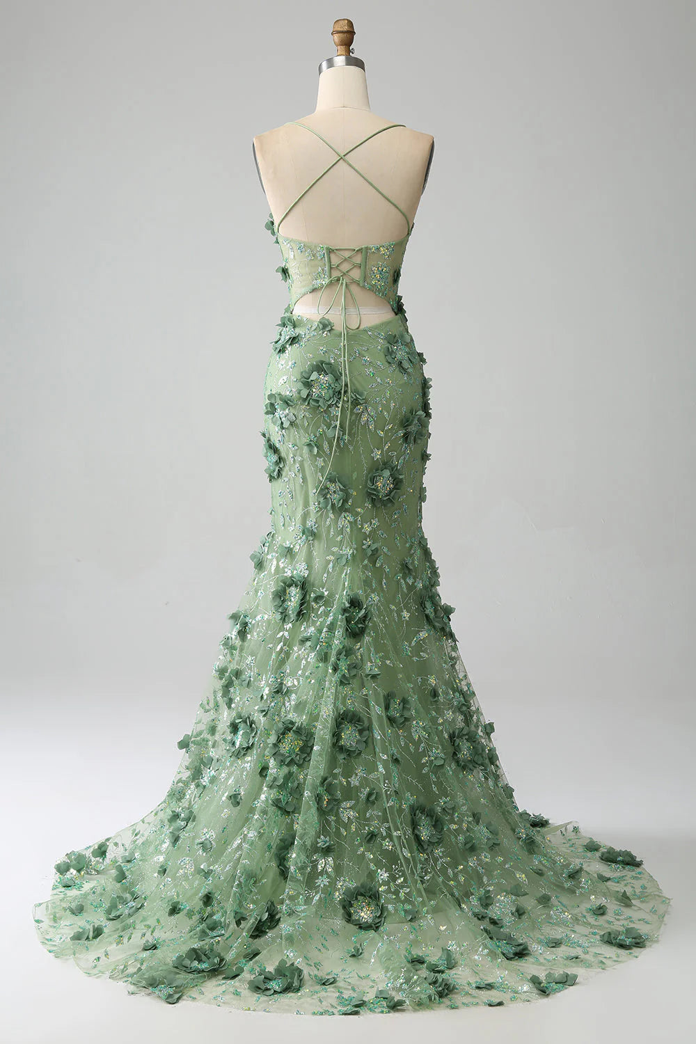 Green Mermaid Spaghetti Straps Corset Prom Dress With Appliques