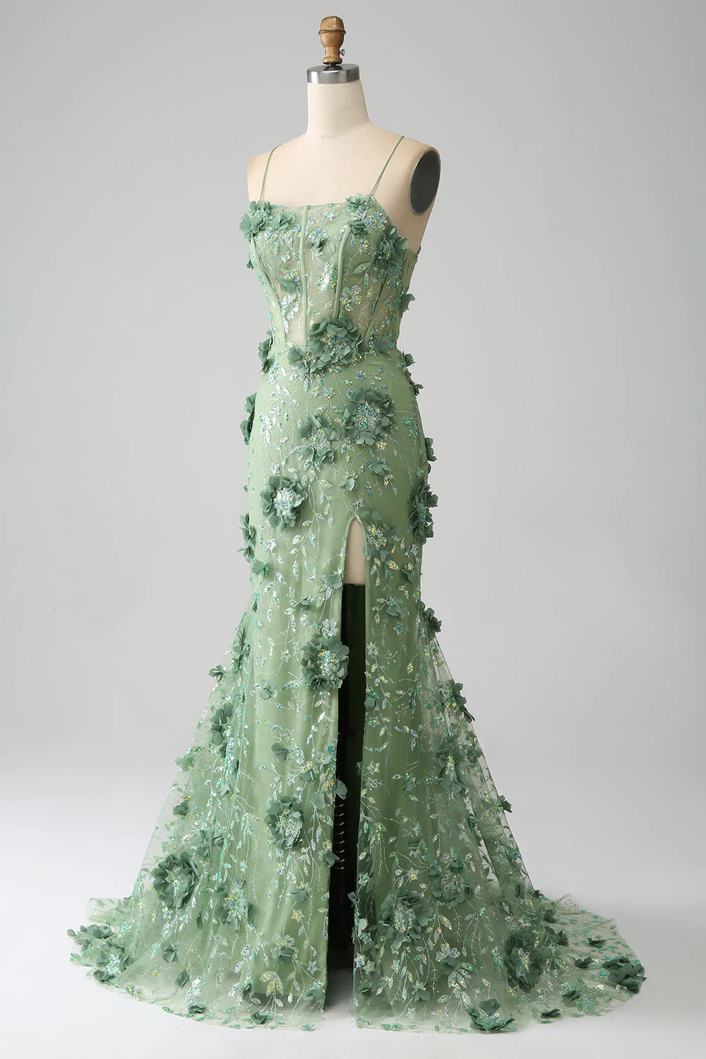 Green Mermaid Spaghetti Straps Corset Prom Dress With Appliques