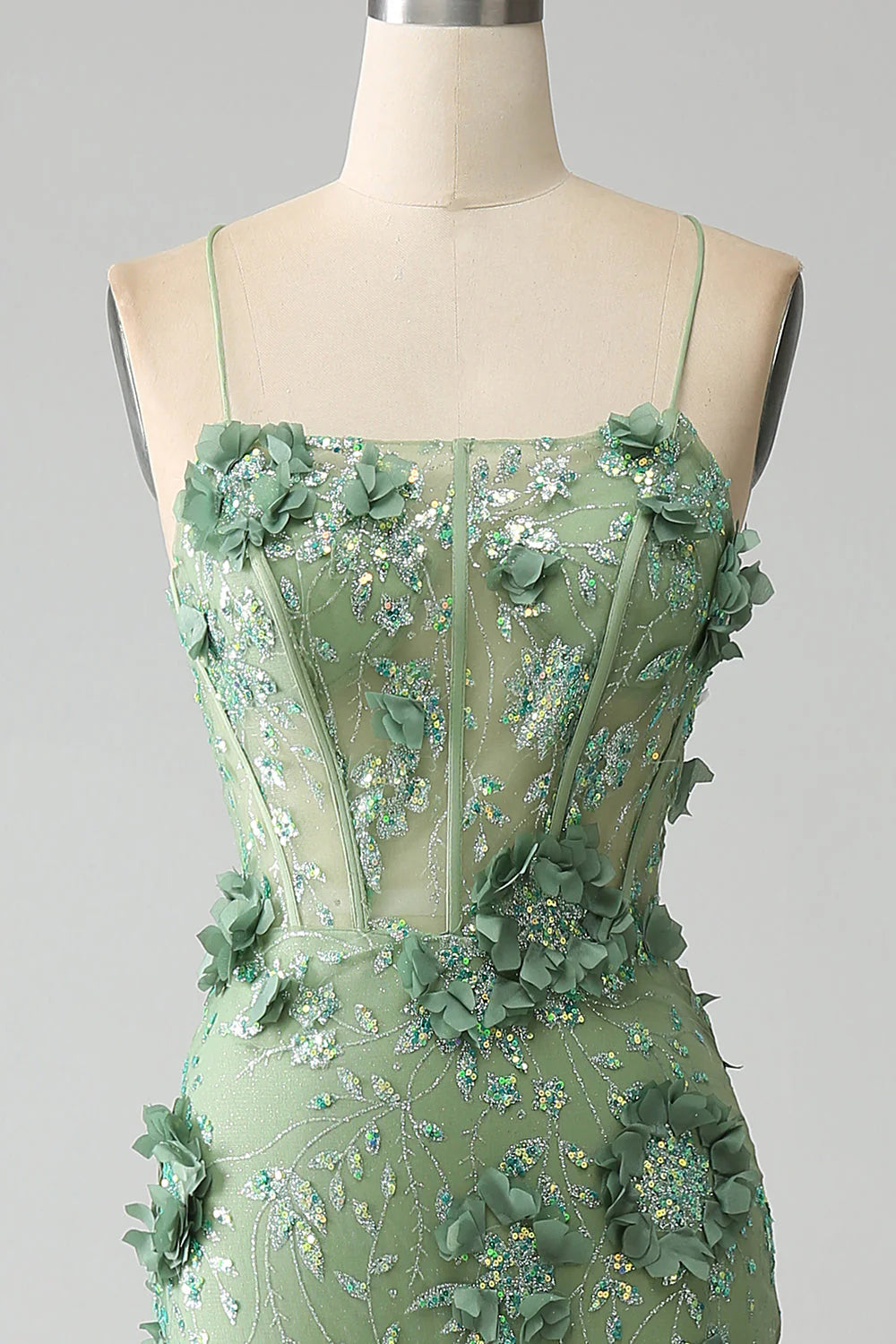 Green Mermaid Spaghetti Straps Corset Prom Dress With Appliques