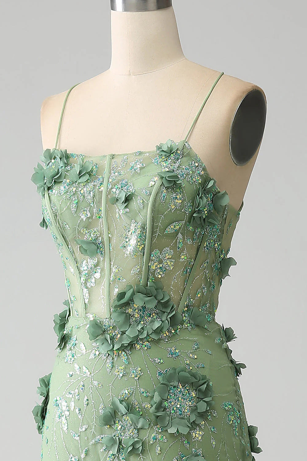 Green Mermaid Spaghetti Straps Corset Prom Dress With Appliques