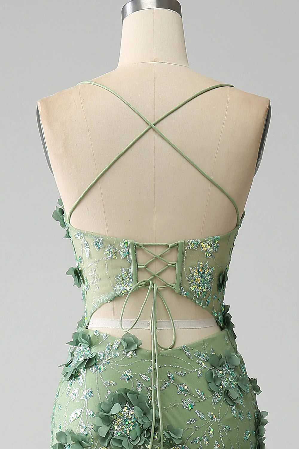 Green Mermaid Spaghetti Straps Corset Prom Dress With Appliques