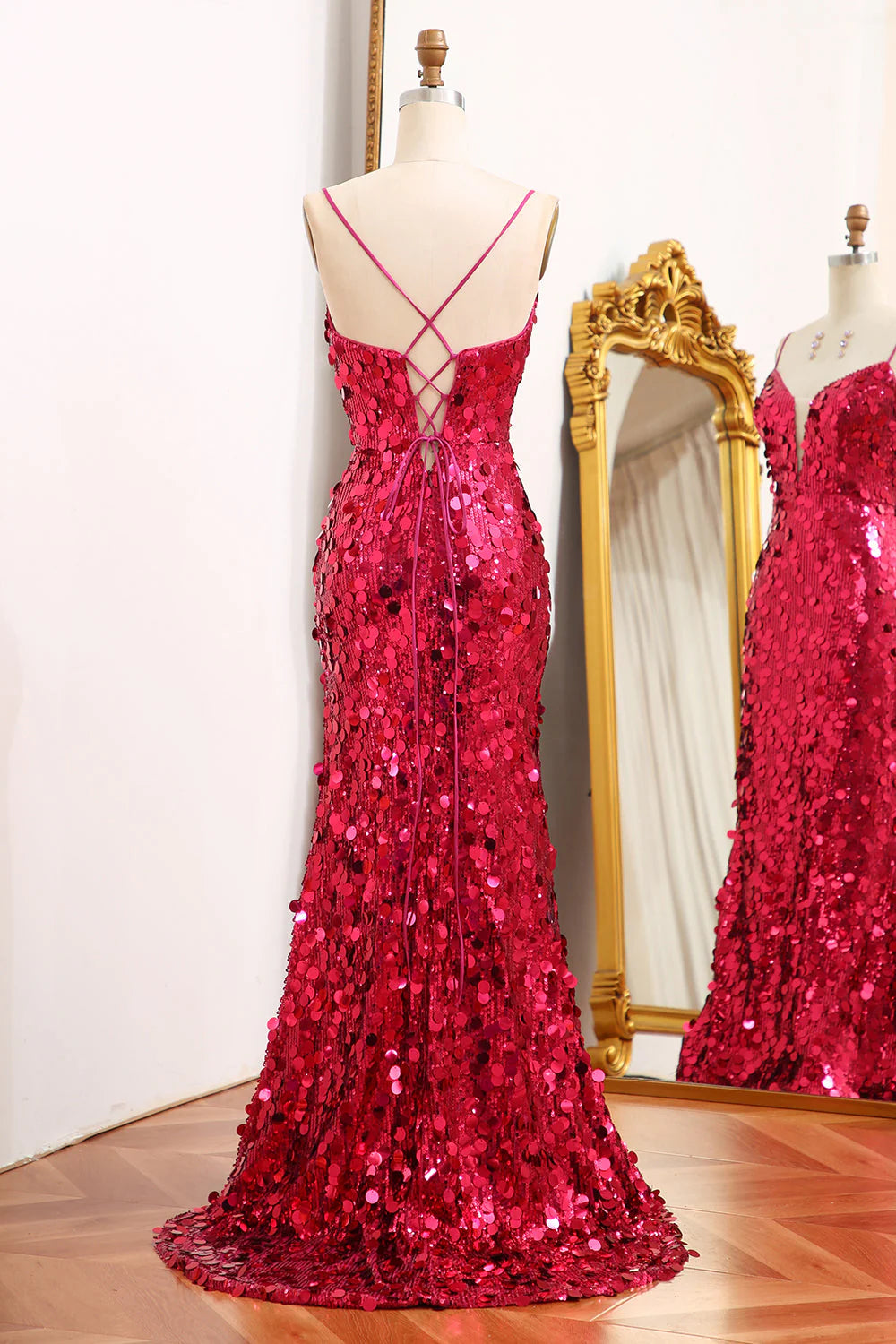 Mermaid Sparkly Sequins Fuchsia Long Prom Dress With Slit