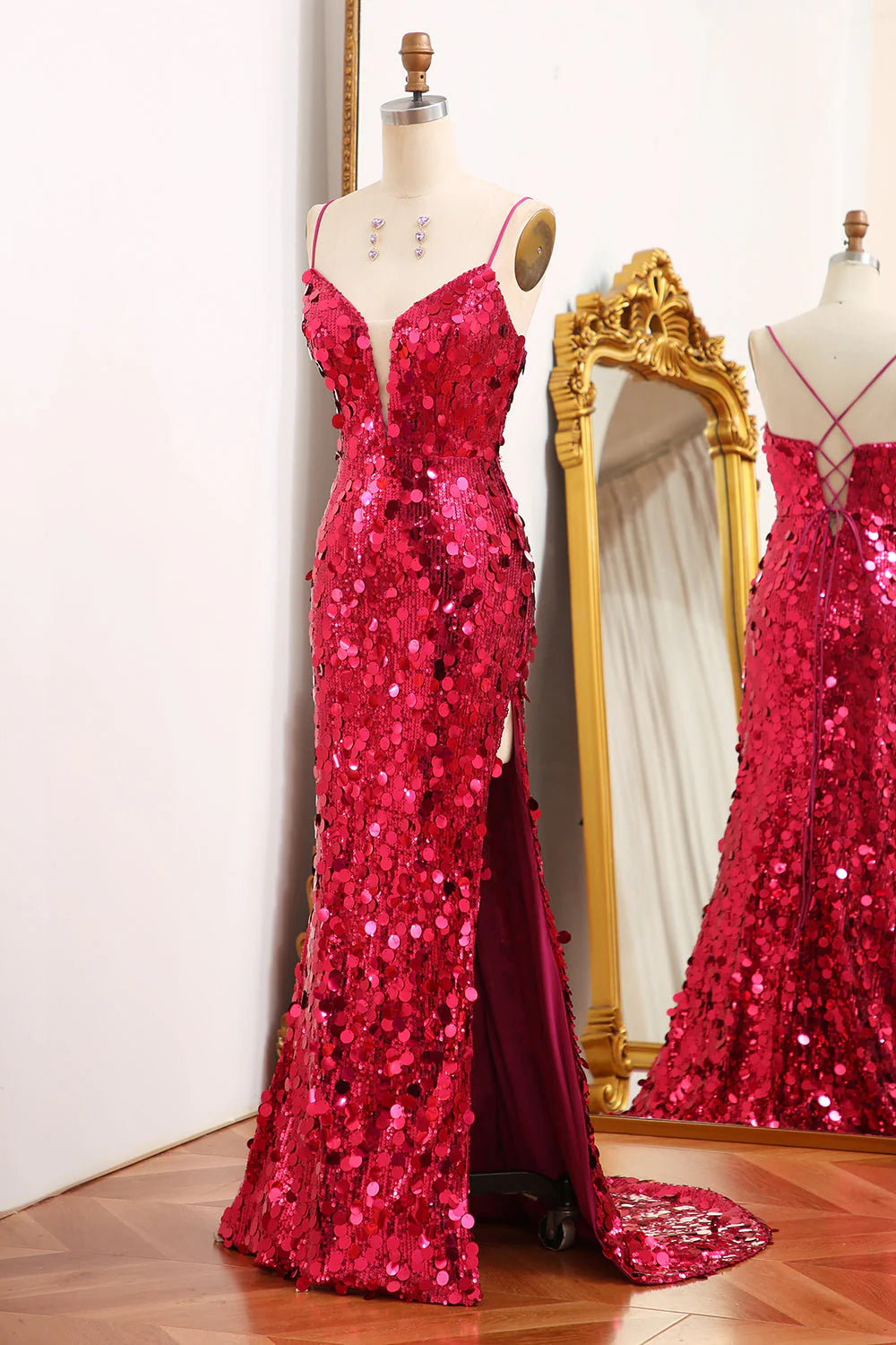 Mermaid Sparkly Sequins Fuchsia Long Prom Dress With Slit