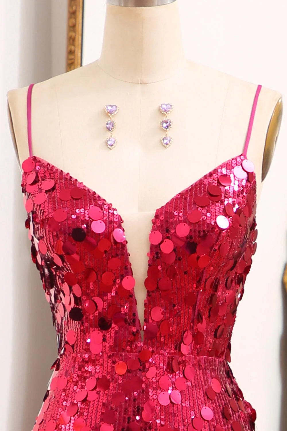 Mermaid Sparkly Sequins Fuchsia Long Prom Dress With Slit