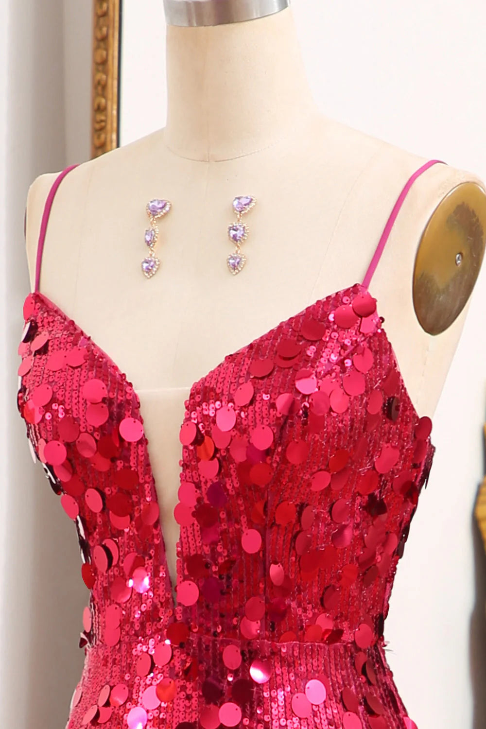 Mermaid Sparkly Sequins Fuchsia Long Prom Dress With Slit