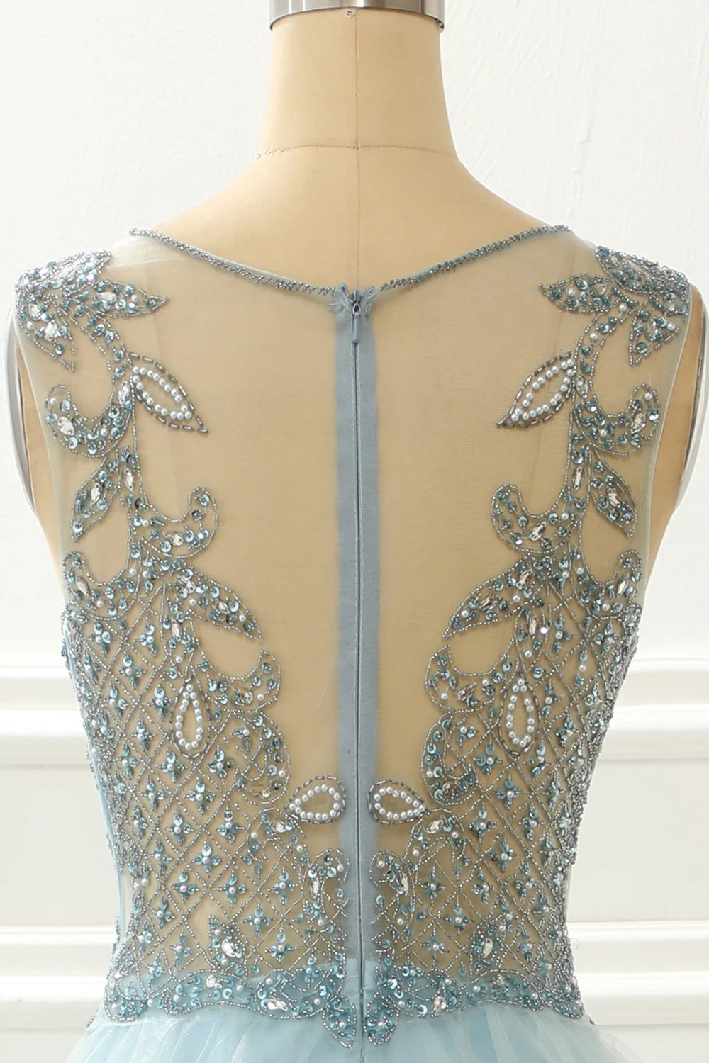 A Line Beading Light Blue Prom Dress With Appliques