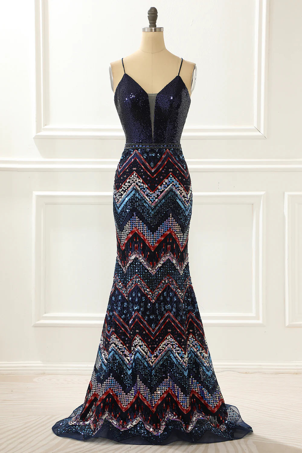 Spaghetti Straps Mermaid Navy Prom Dress With Criss Cross Back