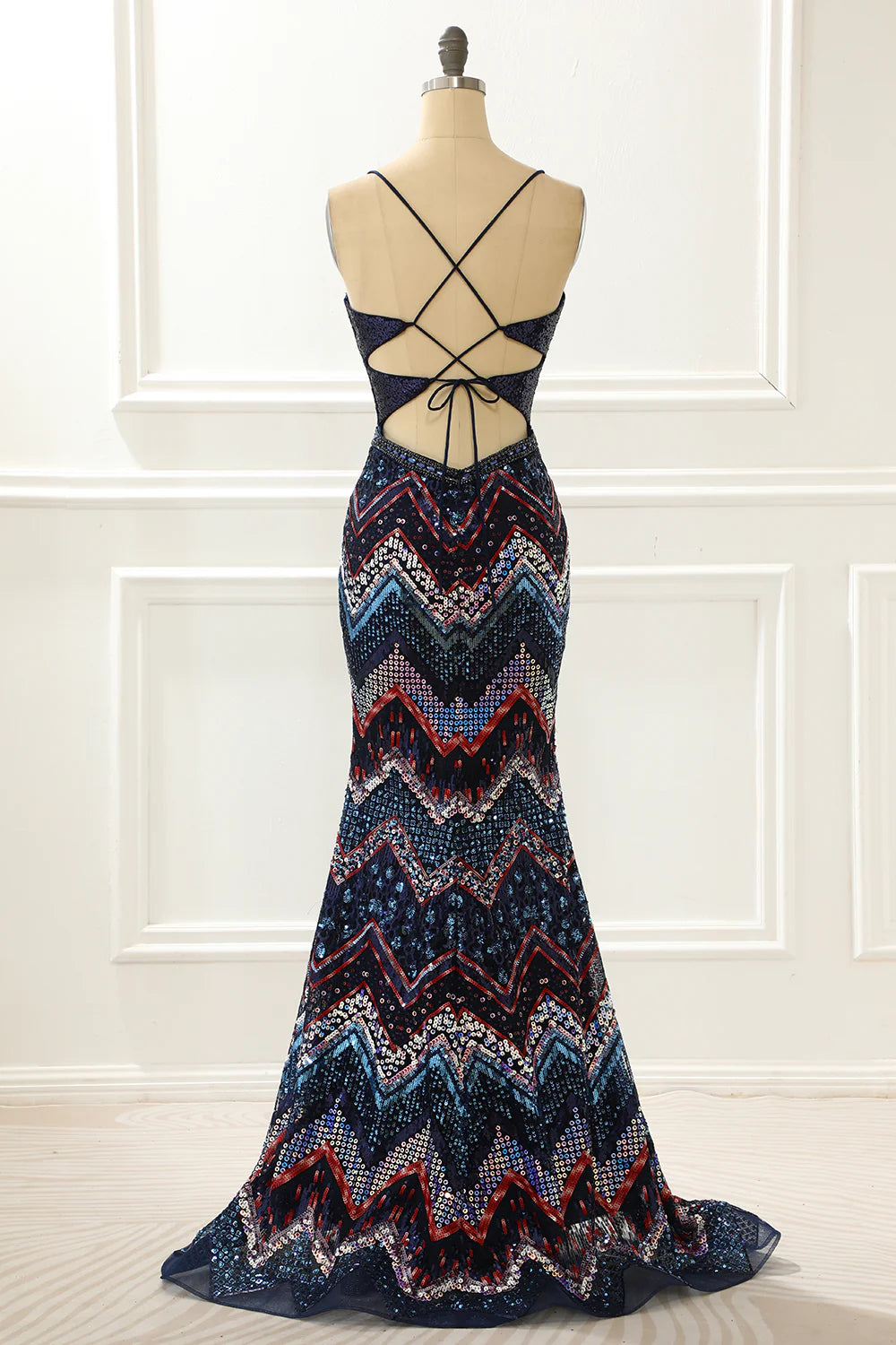 Spaghetti Straps Mermaid Navy Prom Dress With Criss Cross Back