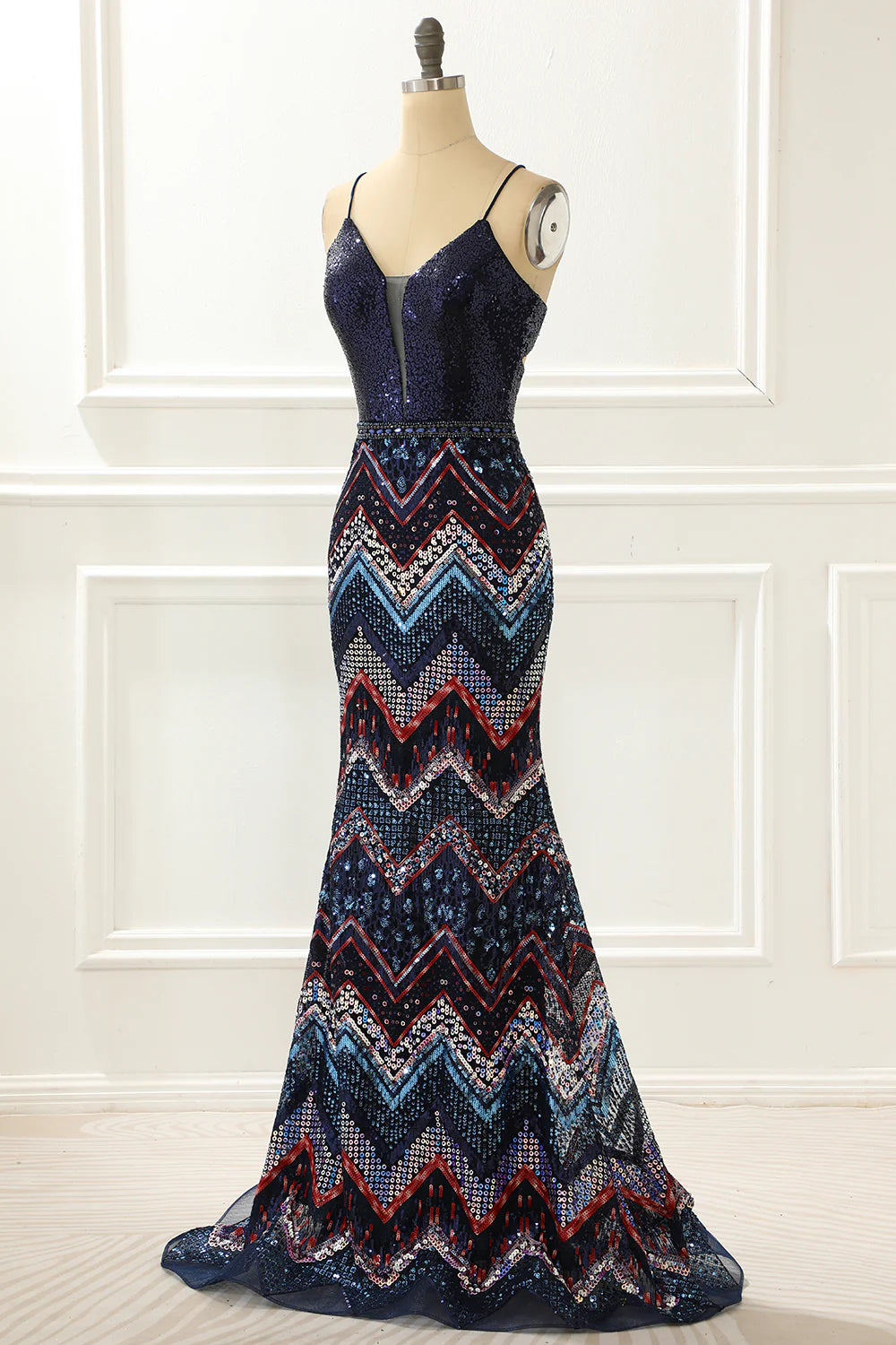 Spaghetti Straps Mermaid Navy Prom Dress With Criss Cross Back