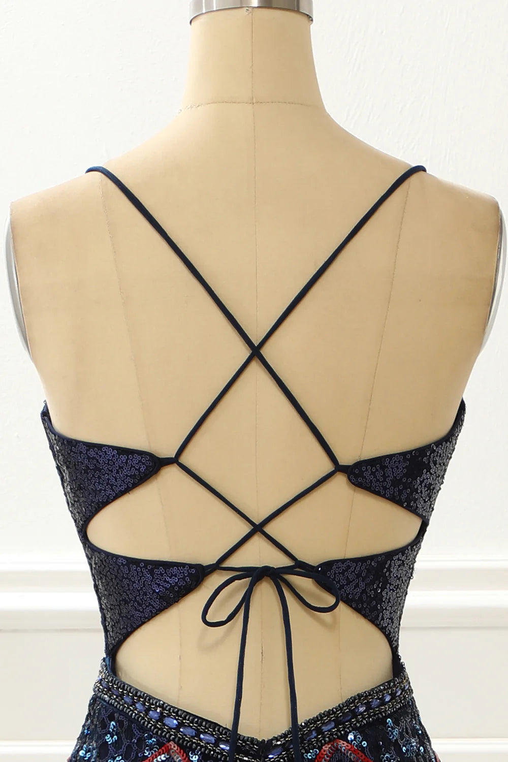Spaghetti Straps Mermaid Navy Prom Dress With Criss Cross Back